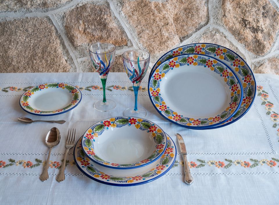 6 Platos Llanos Vajilla Cenefa Flor Azul VA04 - Vajillas Santis.  Fabricantes de Cerámica Artesanal